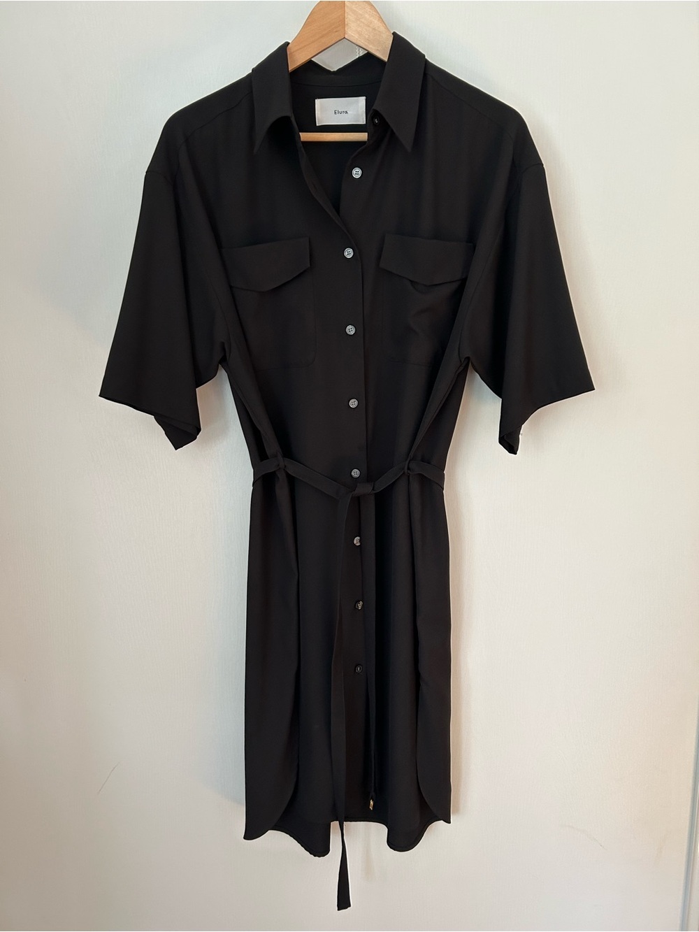 Black Midi Shirt Dress with Waist Tie